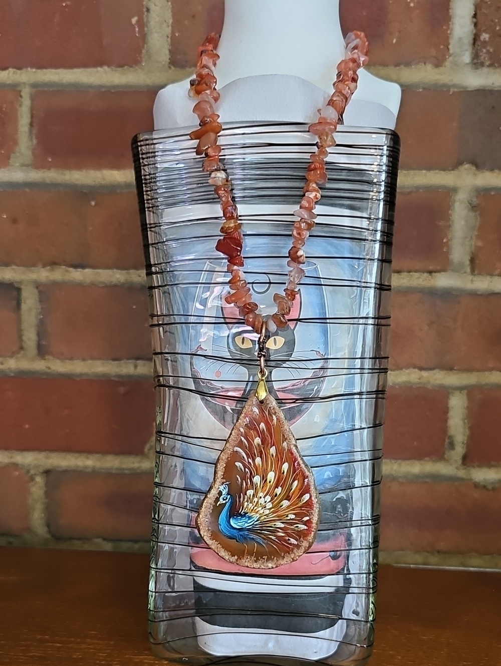 Hand-Painted Orange Peacock Teardrop Pendant Necklace